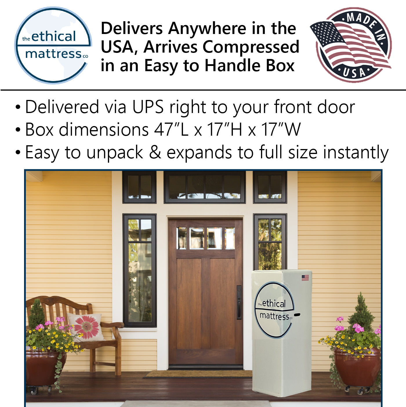 A mattress packed inside a small box and delivered to a home's front door.