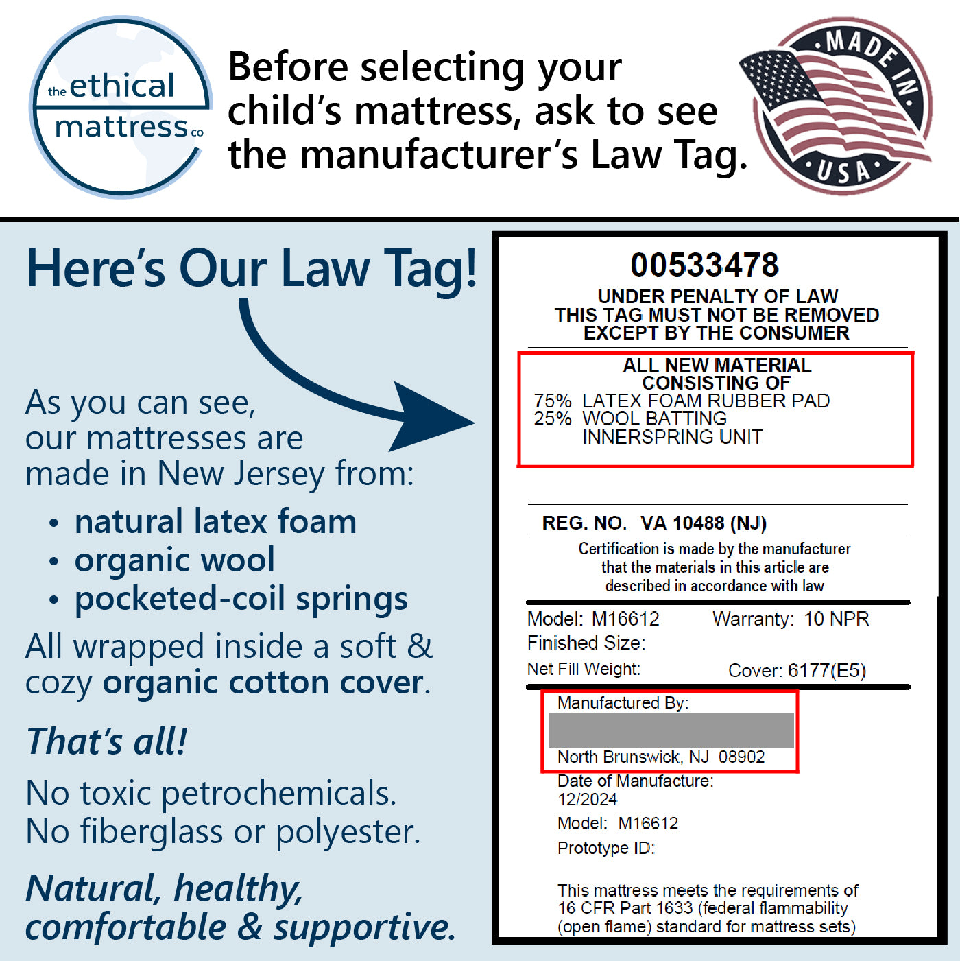 The law tag of our 6 inch kid's mattress