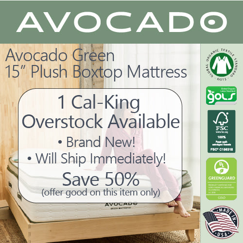 Picture of an Avocado Green 15" Boxtop Mattress stating there is 1 Cal-King overstock available, brand new, will ship immediately! Save 50% (offer good on this item only)