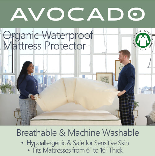 Picture of a man and a woman fitting the Avocado Organic Waterproof Mattress Protector over their mattress. The protector is Breathable and Machine washable. Hypoallergenic and safe for sensitive skin. Fits mattress from 3" to 16" thick.
