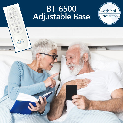 Picture of an elderly couple laying on their BT-6500 Adjustable Base. There's a remote controller for the base pictured as well.
