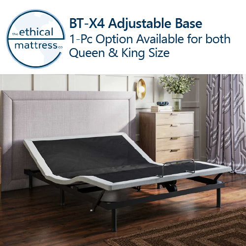 Picture of a BT-X4 Adjustable base sitting in front of a head board. It has a 1-Pc option available for both Queen and King Size.