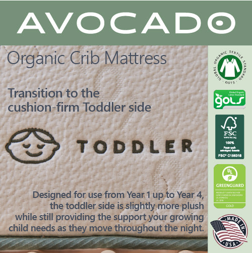 A close up picture of the Avocado Organic Crib Mattress Toddler side. The picture states to, "transition to the cushion firm toddler side. Designed for use from year 1 up to year 4, the toddler side is slightly more plush while still providing the support your growing child needs as they move throughout the night."