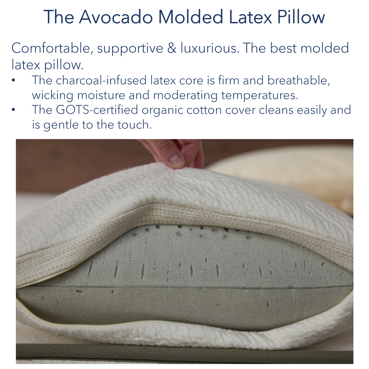Picture of an Avocado molded latex pillow, made with organic cotton cover and a charcoal infused latex core