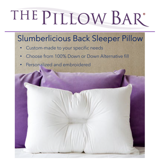 A picture of The Pillow Bar Slumberlicious Back Sleeper Pillow. Custom-made to your specific needs. Choose from 100% Down or Down Alternative fill. Personalized and embroidered.
