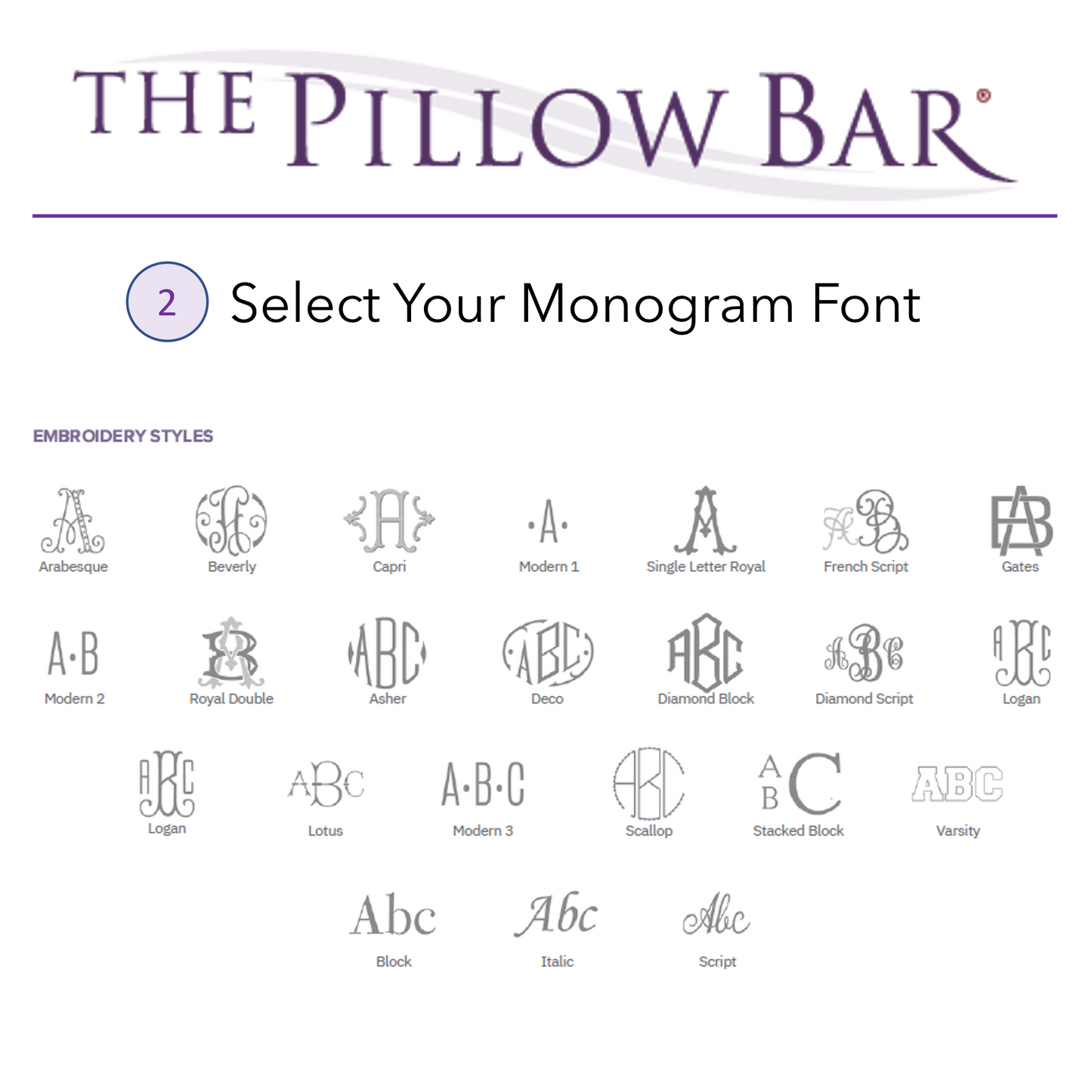 A picture showing you what kinds of monogram fonts you can choose from for you custom-made Pillow Bar Pillow.