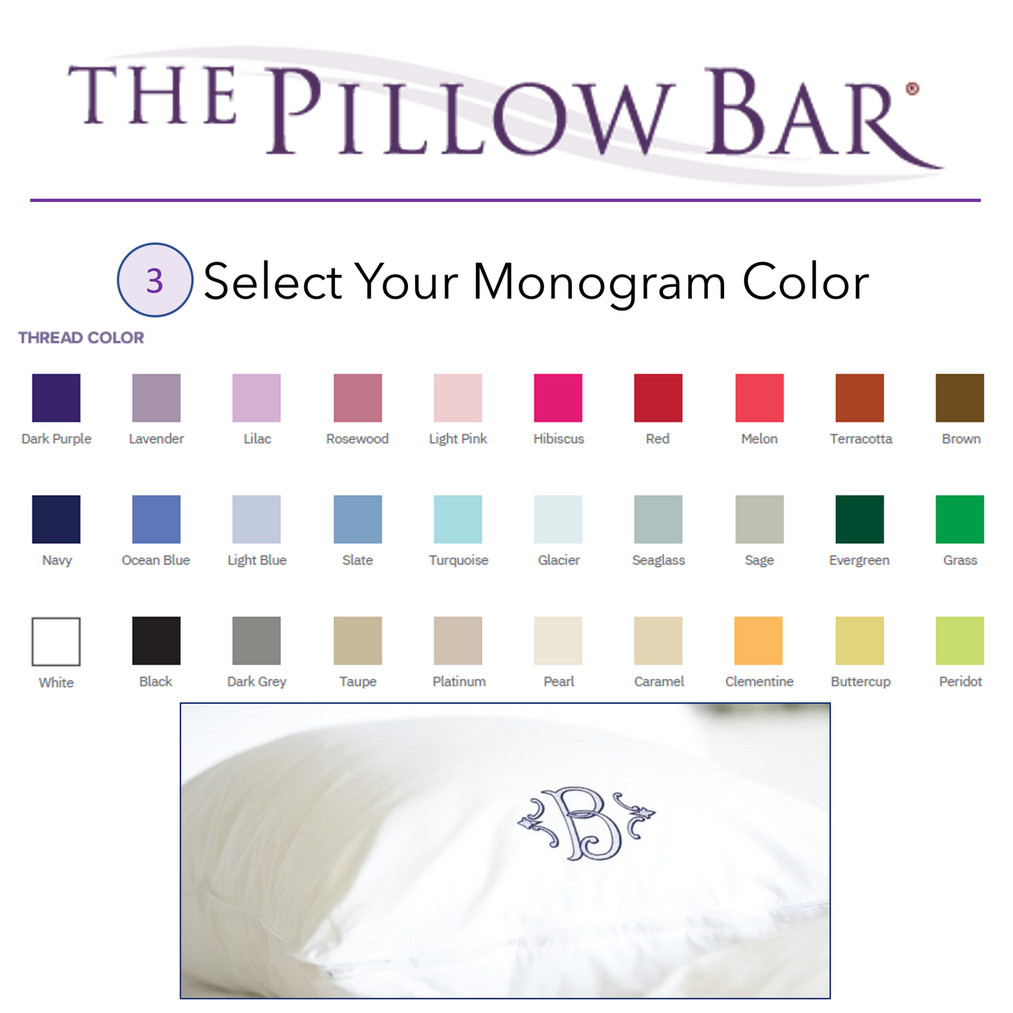 A picture showing you what colors to choose from for your custom-made Pillow Bar Pillow embroidery.