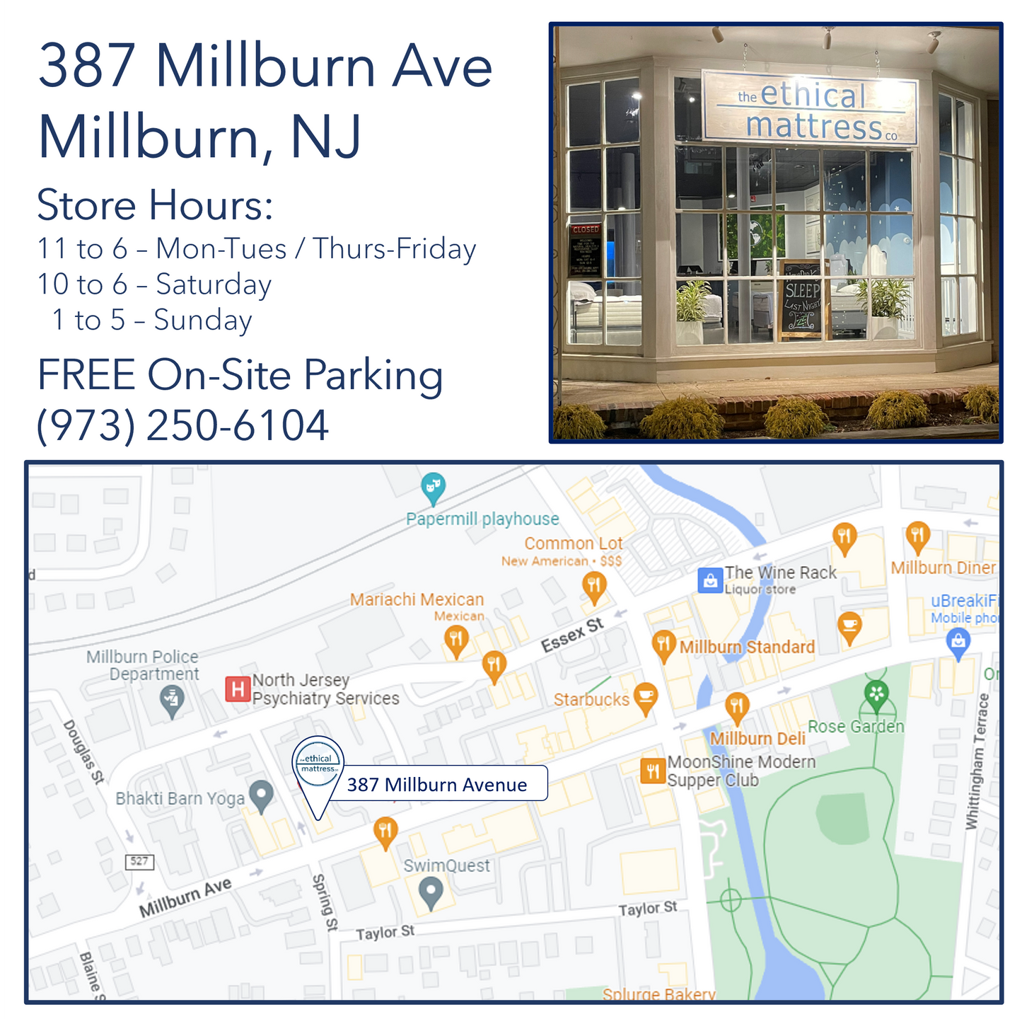 A picture of our store location in Millburn, NJ as well as the store hours and phone number.