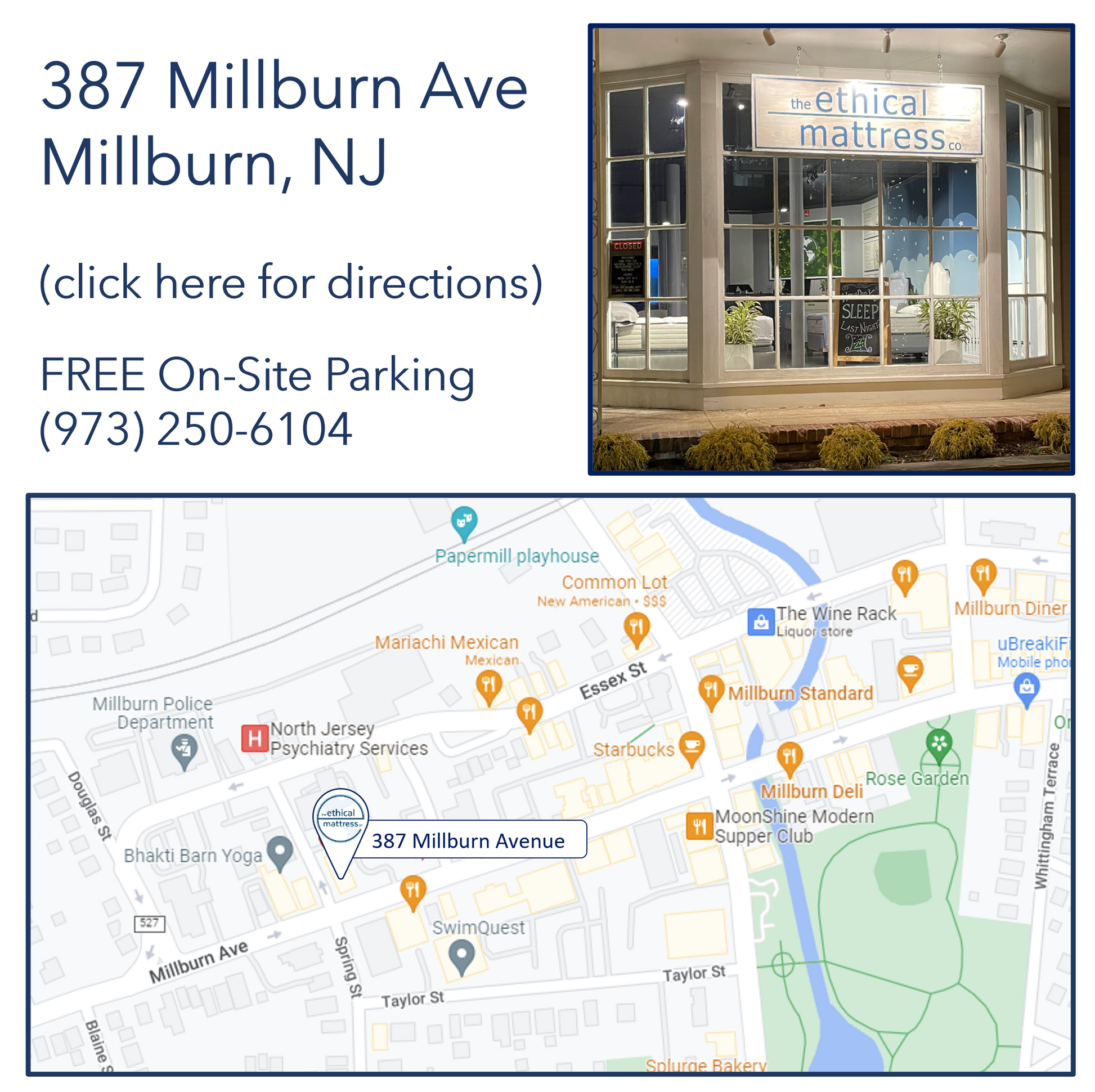A picture of our store location in Millburn, NJ as well as the store hours and phone number.