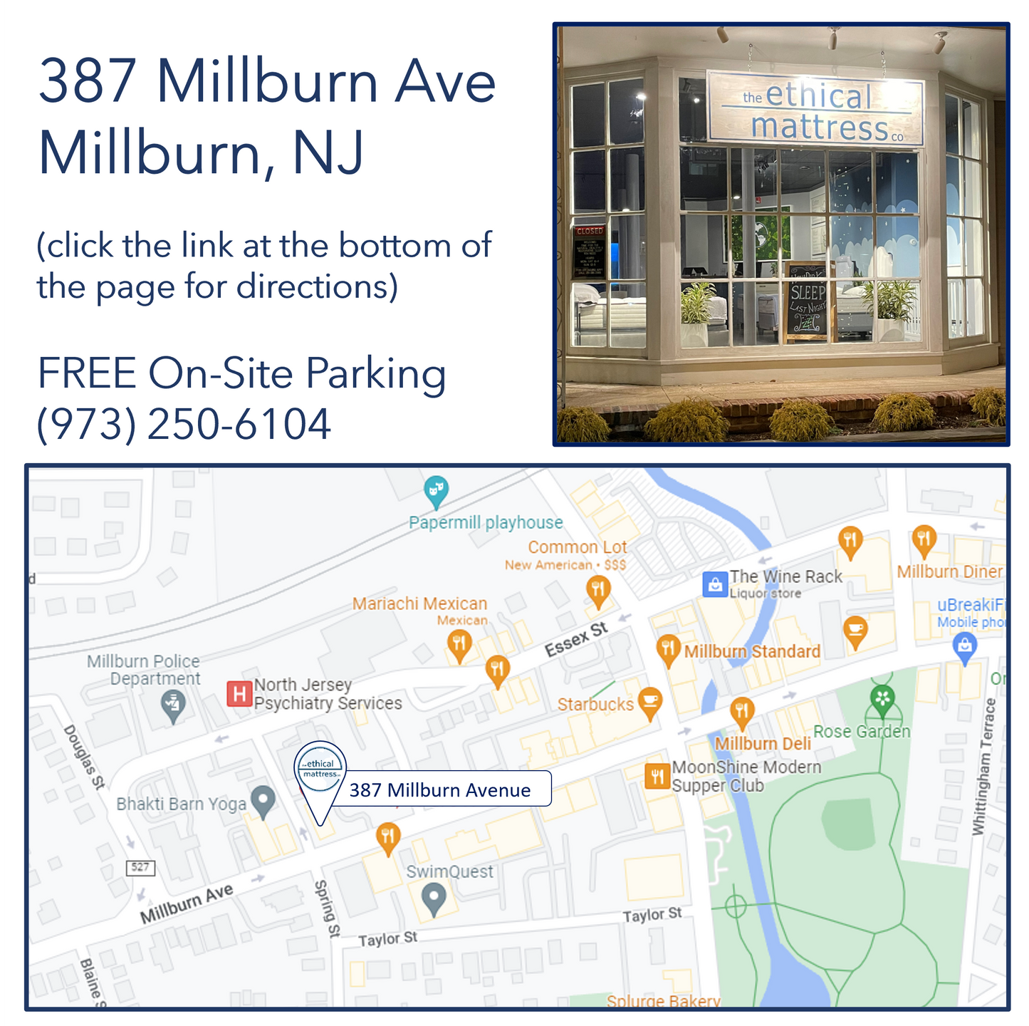 A picture of our store location in Millburn, NJ as well as the store hours and phone number.