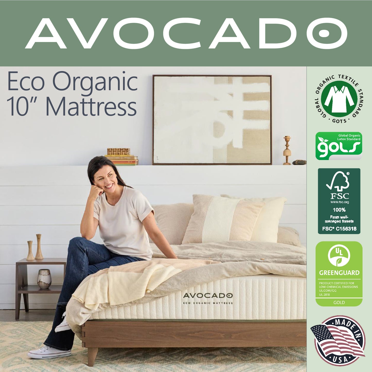 Picture of a woman sitting on the edge of an Avocado Eco Organic 10" Mattress.