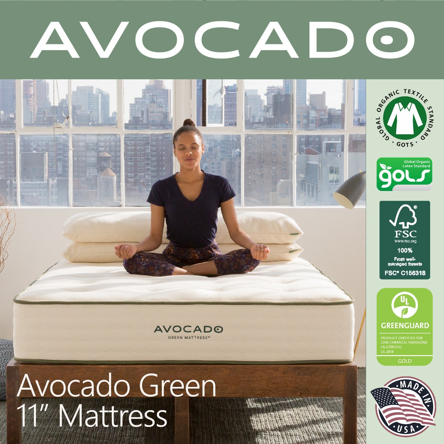 A picture of a woman meditating on top of an Avocado Green 11" Mattress.