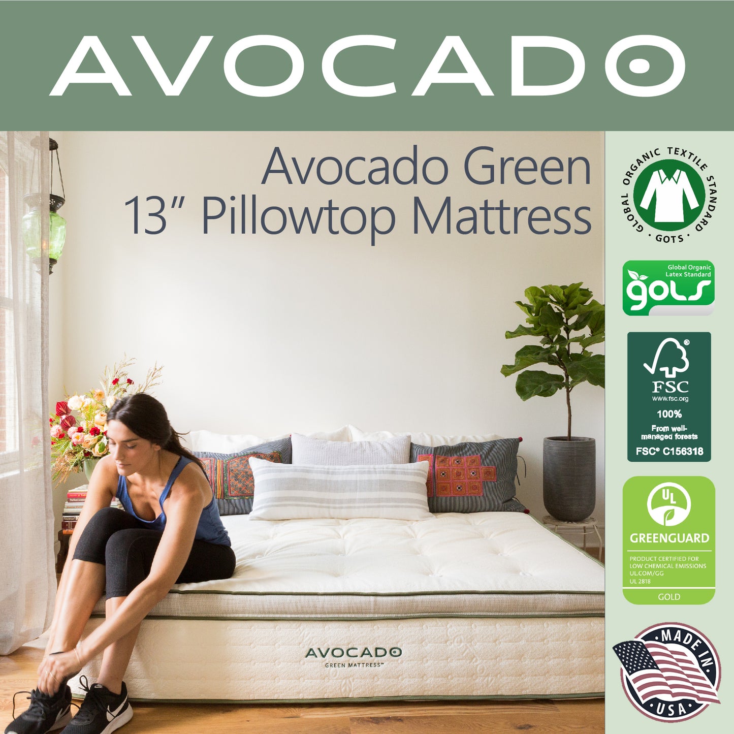 A picture of a woman tying her shoes at the end of an Avocado Green 13" Pillowtop Mattress.