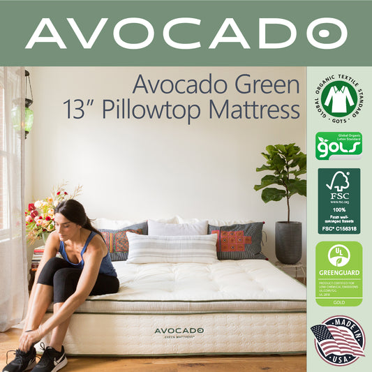 A picture of a woman tying her shoes at the end of an Avocado Green 13" Pillowtop Mattress.