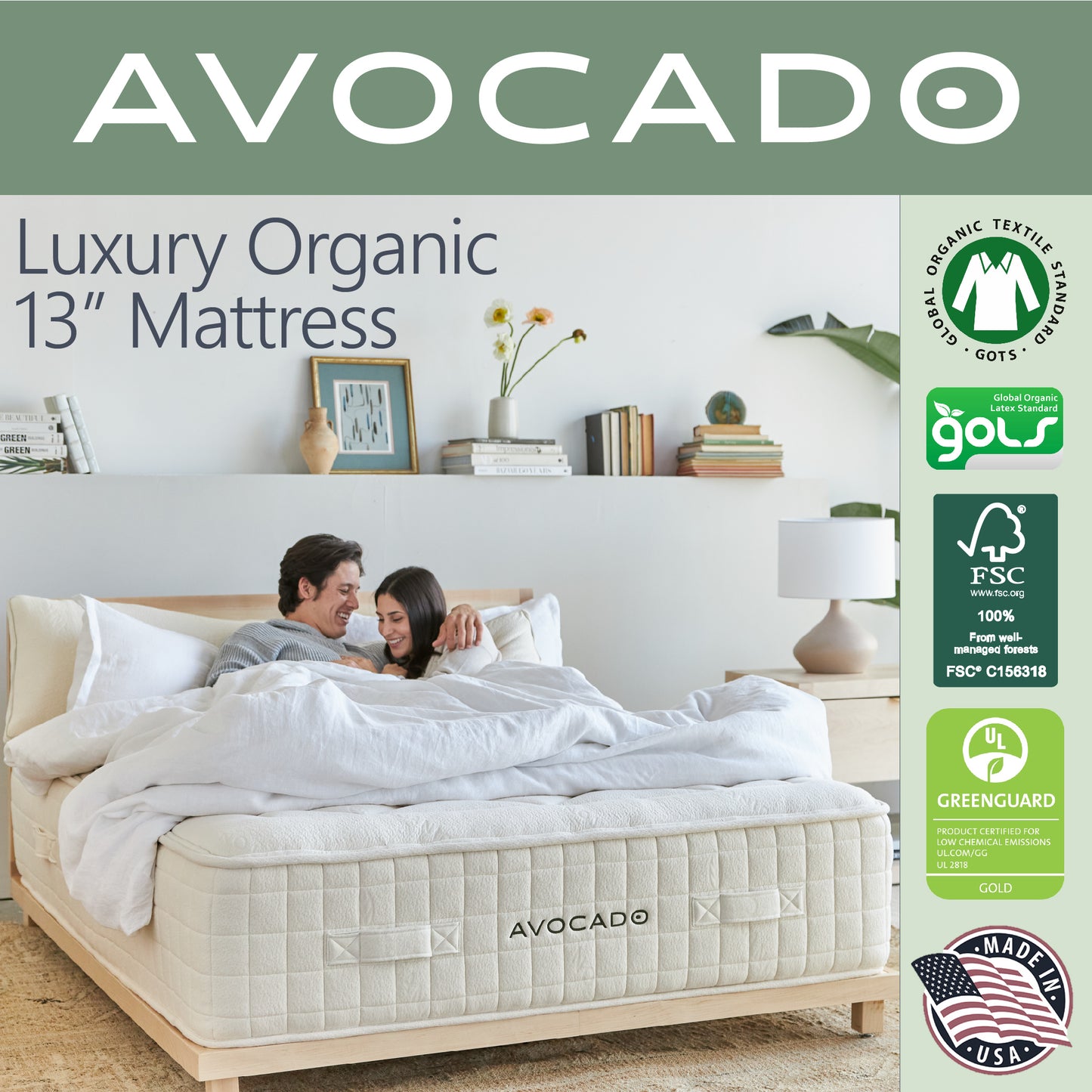 A picture of a couple laying on top of an Avocado Luxury Organic 13" Mattress.