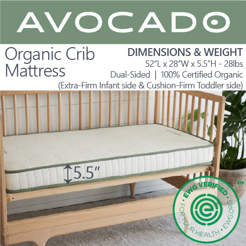 A picture of an Avocado Organic Crib Mattress with the dimensions and weight of the mattress. 52"L x 28"W x 5.5"H - 28 lbs. Dual-sided, 100% certified organic (extra firm infant side and cushion-firm toddler side).