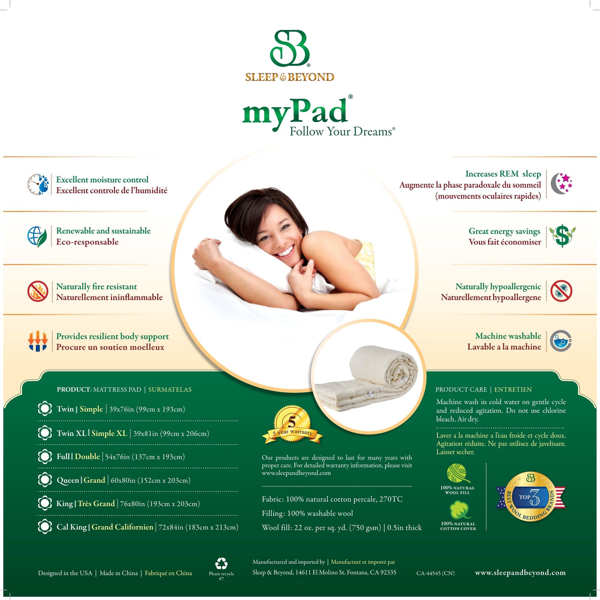 Picture of the back of the packaging for Sleep&Beyond myOrganic myPad. The picture shows that this pad has the following: excellent moisture control, renewable and sustainable, naturally fire resistant, provides resilient body support, increases REM sleep, great energy savings, naturally hypoallergenic, machine washable.