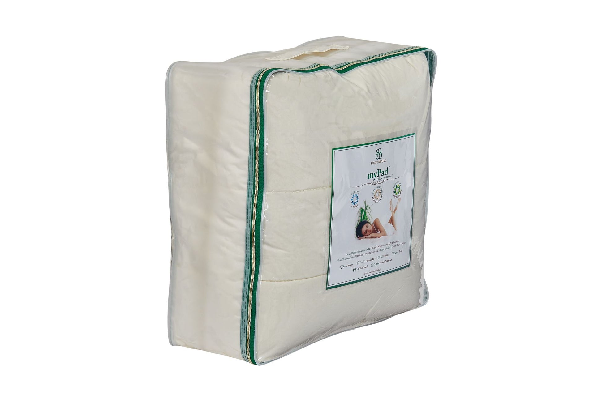 Picture of a Sleep&Beyond myOrganic Mattress Pad that is residing inside of its packaging. The packaging has a zipper to allow easy access for when using the pad, or when you put it away for storage.