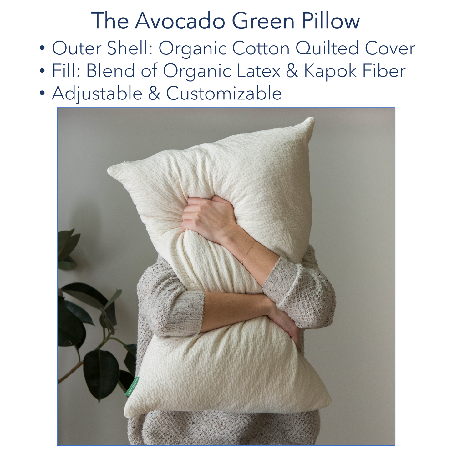 Picture of a woman holding an Avocado Green Pillow, adjustable and customizable, made with an organic cotton outer shell, and with an inner fill of Shredded Organic Latex & Kapok Fiber blend.