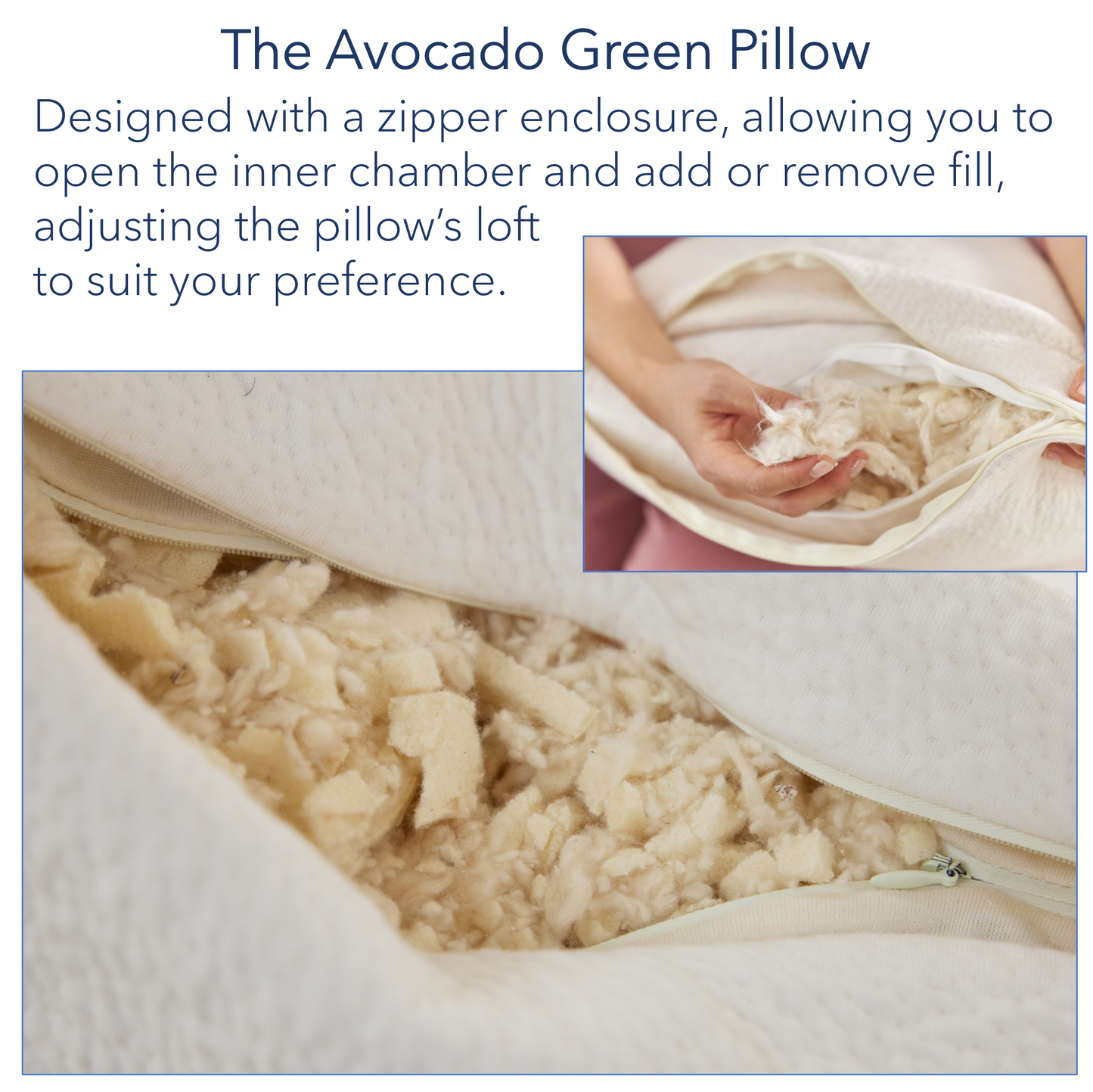 Picture of the inside of an Avocado Green Pillow, adjustable and customizable, made with an organic cotton outer shell, and with an inner fill of Shredded Organic Latex & Kapok Fiber blend. Designed with a zipper enclosure, allowing you to open the inner chamber and add or remove fill, adjusting the pillow's loft to suit your preference.