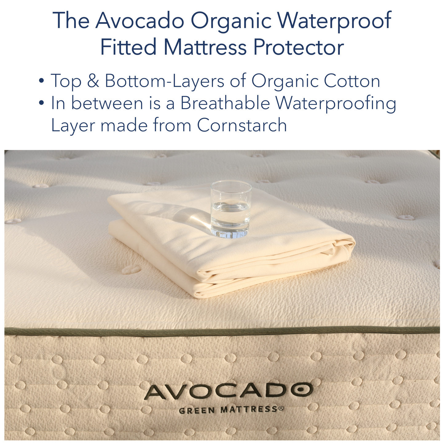 Picture of a Avocado Organic Waterproof Fitted Mattress protector with a glass of water on top of it. Top and bottom layers of Organic cotton, in between those layers is a breathable waterproofing layer made from cornstarch.