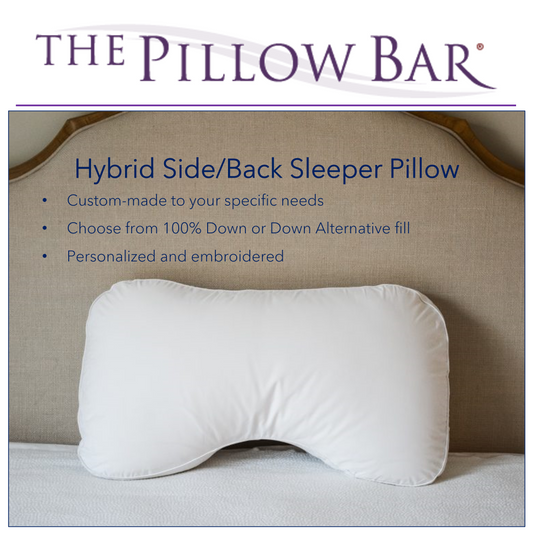 A picture of The Pillow Bar Hybrid Side/Back Sleeper Pillow. Custom-made to your specific needs. Choose from 100% Down or Down Alternative fill. Personalized and embroidered.