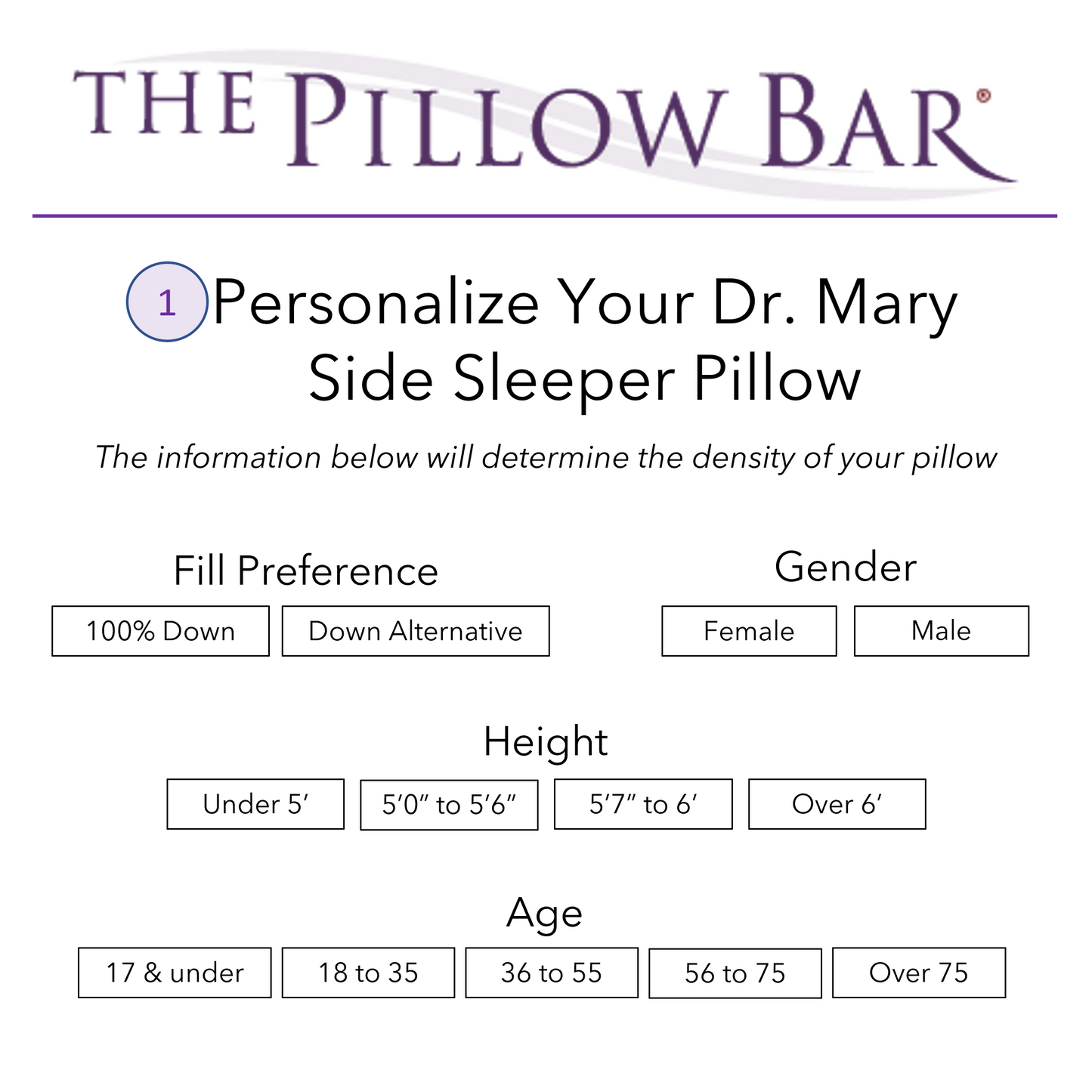 A picture showing how you can personalize your Pillow Bar Pillow with Fill Preference - Down or Down Alternative, Gender, Height, and Age.