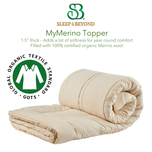 Picture of a Sleep&Beyond myMerino Topper that is 1.5" thick - adds a bit of softness for year-round comfort, filled with 100% certified organic Merino wool. The topper is rolled up halfway, and has the GOTS seal of approval.