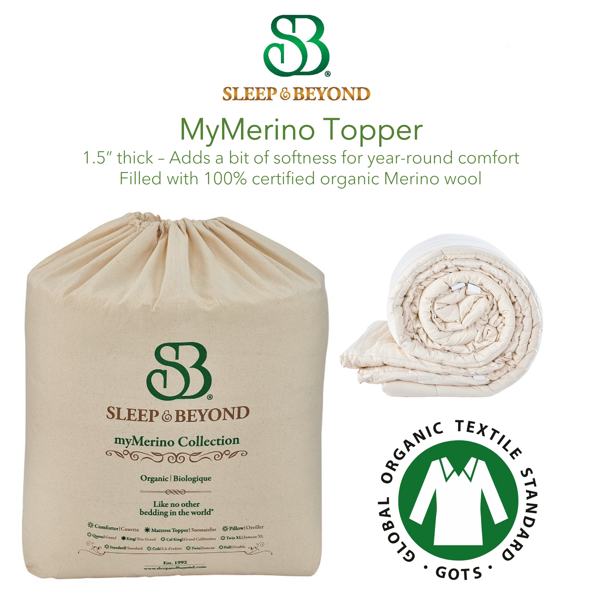 Picture of the Sleep&Beyond myMerino Topper that is 1.5" thick - adds a bit of softness for year-round comfort, filled with 100% certified organic Merino wool. Also pictured is the Sleep&Beyond cloth bag that the topper is put into.