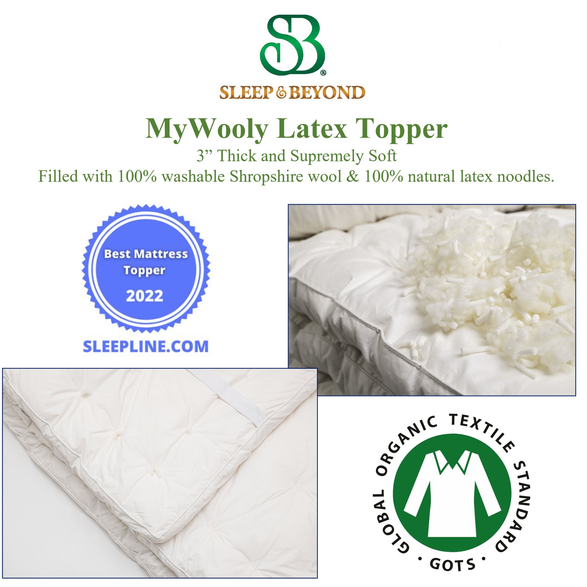 Picture of the Sleep&Betond myWooly Latex Topper that is 3" thick and supremely soft. Filled with 100% washable Shropshire wool and 100% natural latex noodles. There is a close up picture of the wool and latex used inside of the topper as well as an award for best mattress topper of 2022. There is also a GOTS seal of approval.
