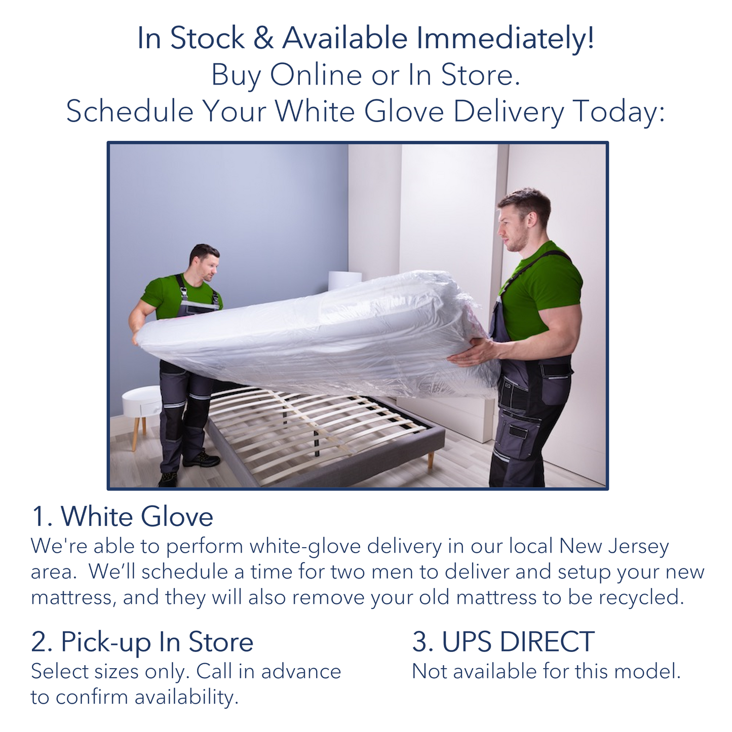 A picture describing our delivery options. Buy online or in the store. 1. White Glove Delivery. 2. Pick-up in store. 3. FREE shipping via UPS.