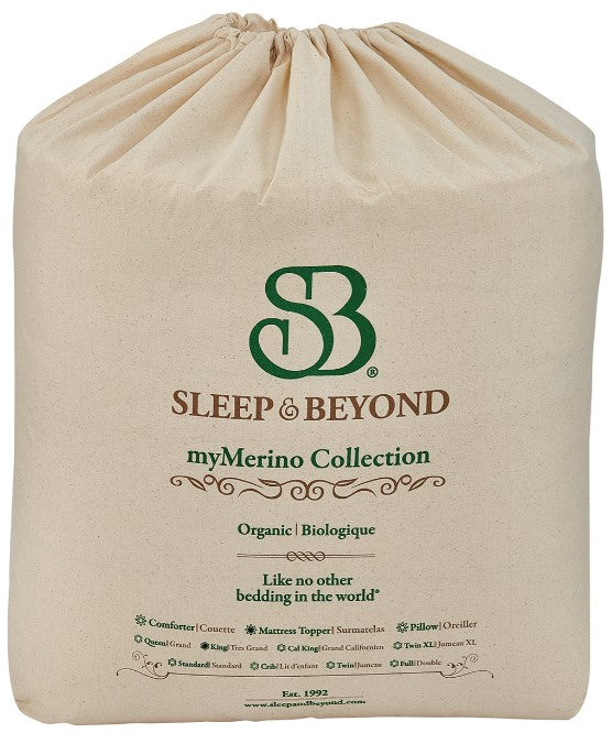 Picture of the Sleep&Beyond cloth bag that holds the myMerino Topper.