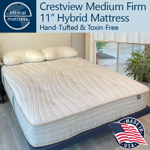 A picture of the natural and organic Ethical Mattress Crestview Medium Firm 11 inch Mattress, hand tufted and toxin free luxury. Our most popular mattress! Not too firm, not too soft - just right! Ships free in a box via the UPS. 