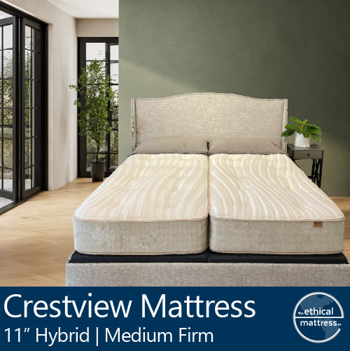 A picture of the natural and organic Ethical Mattress Crestview Medium Firm 11 inch Mattress, hand tufted and toxin free luxury. Our most popular mattress! Not too firm, not too soft - just right! Ships free in a box via the UPS. 
