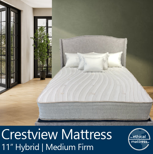 A picture of the natural and organic Ethical Mattress Crestview Medium Firm 11 inch Mattress, hand tufted and toxin free luxury. Our most popular mattress! Not too firm, not too soft - just right! Ships free in a box via the UPS. 