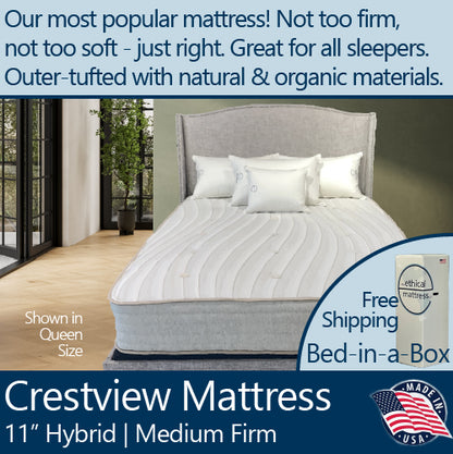 A picture of the natural and organic Ethical Mattress Crestview Medium Firm 11 inch Mattress, hand tufted and toxin free luxury. Our most popular mattress! Not too firm, not too soft - just right! Ships free in a box via the UPS. 