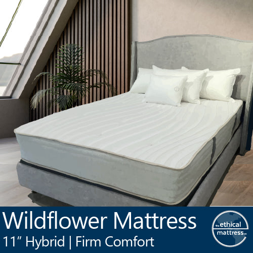 A picture of the natural and organic Ethical Mattress Wildflower Firm 11 inch Hybrid Mattress, hand tufted and toxin free. Our firmest option! A good choice for back and stomach sleepers. It is shown in a queen size, and is able to be shipped in a box for free via the UPS. 