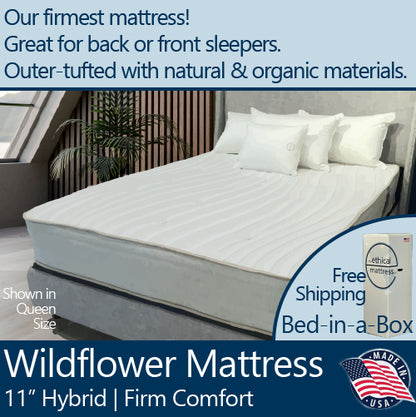 A picture of the natural and organic Ethical Mattress Wildflower Firm 11 inch Hybrid Mattress, hand tufted and toxin free. Our firmest option! A good choice for back and stomach sleepers. It is shown in a queen size, and is able to be shipped in a box for free via the UPS. 