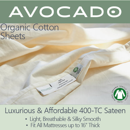 Close up picture of the Avocado Organic Cotton Sheets. Luxurious and affordable 400-TC sateen Light, breathable and silky smooth. Fit all mattresses up to 16" thick.