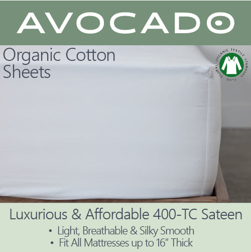 Picture of Avocado Organic Cotton Fitted Sheet on a mattress in the ivory color. It is luxurious and affordable 400-TC sateen. Light, breathable, and silky smooth Fit all mattresses up to 16" thick.