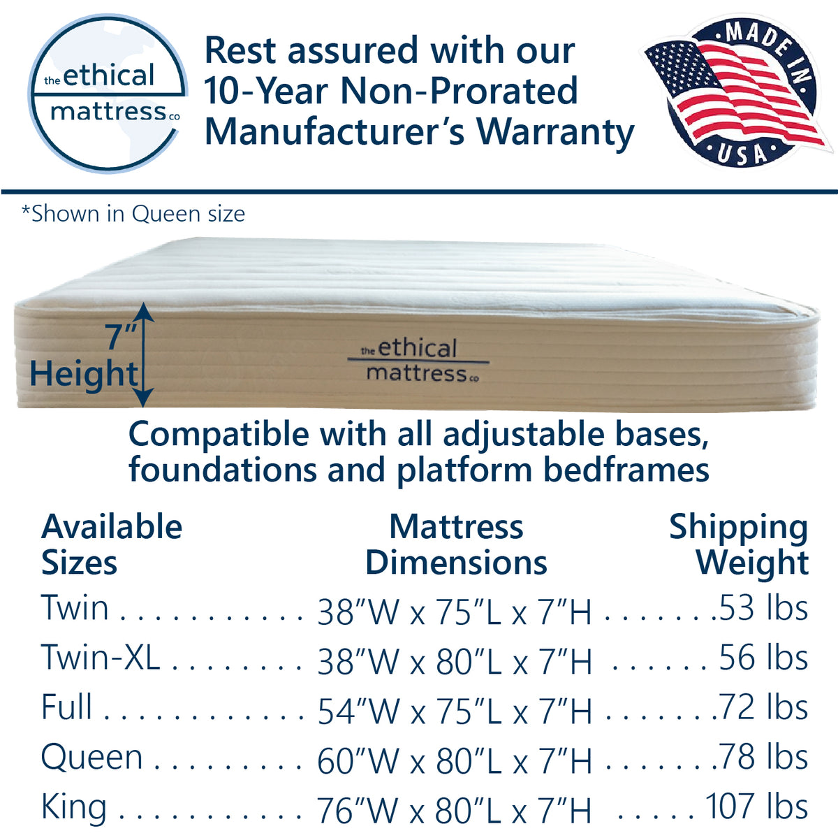 Ethical Mattress Essential - 7-Inch Low-Profile Hybrid Mattress