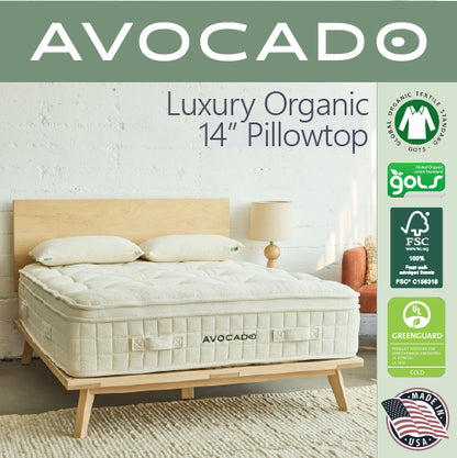 A picture of the Natural and Organic Luxury Organic 14 inch Ultra Plush Pillowtop mattress. It states that this mattress is Green-Guard Gold Certified, has the GOLS seal, is GOTS Certified, is FSC certified, and is made in the USA.