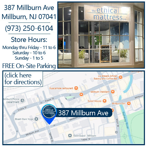 A picture of the Ethical Mattress Company store location, hours, store phone number, Free on-sight parking available, and a button to click to get directions to the store.