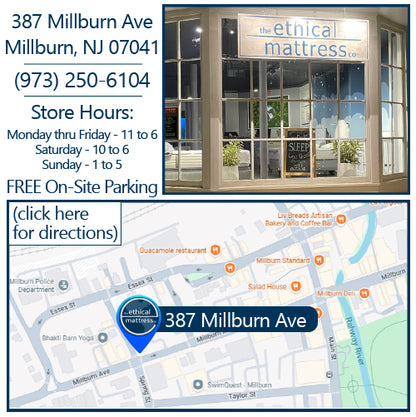 A picture of the Ethical Mattress Company store location, hours, store phone number, Free on-sight parking available, and a button to click to get directions to the store.